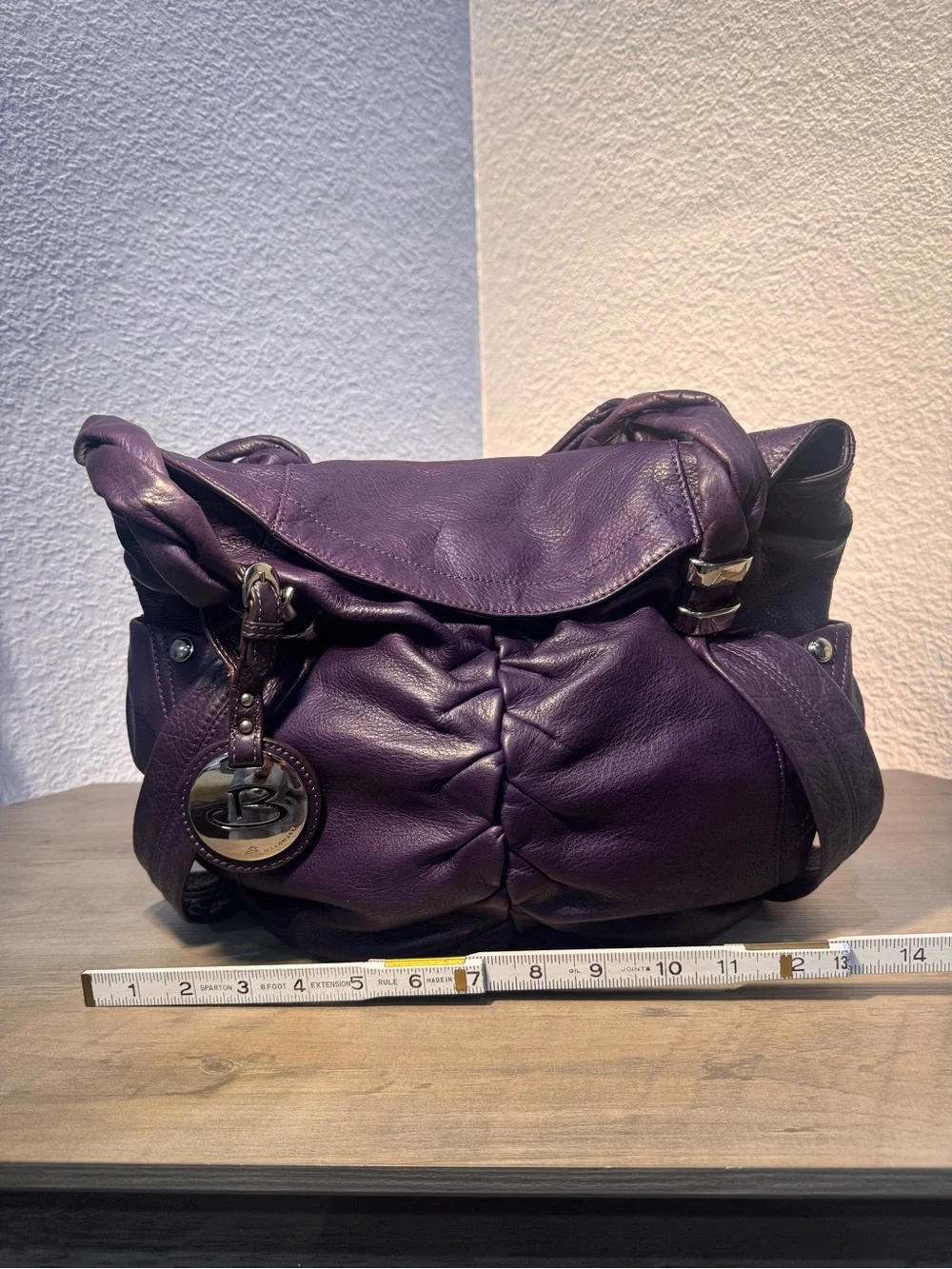 B Makowsky Purple Pebbled Leather Hobo Shoulder Bag Braided Handles Large - Picture 13 of 14